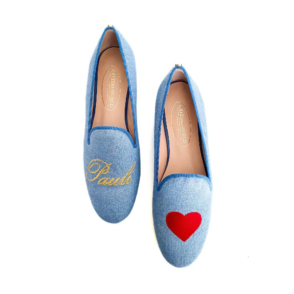 Calita Shoes ​LOAFERS LIGHT BLUE LINEN CO NAME OR INITIALS IN GOLD AND RED HEART