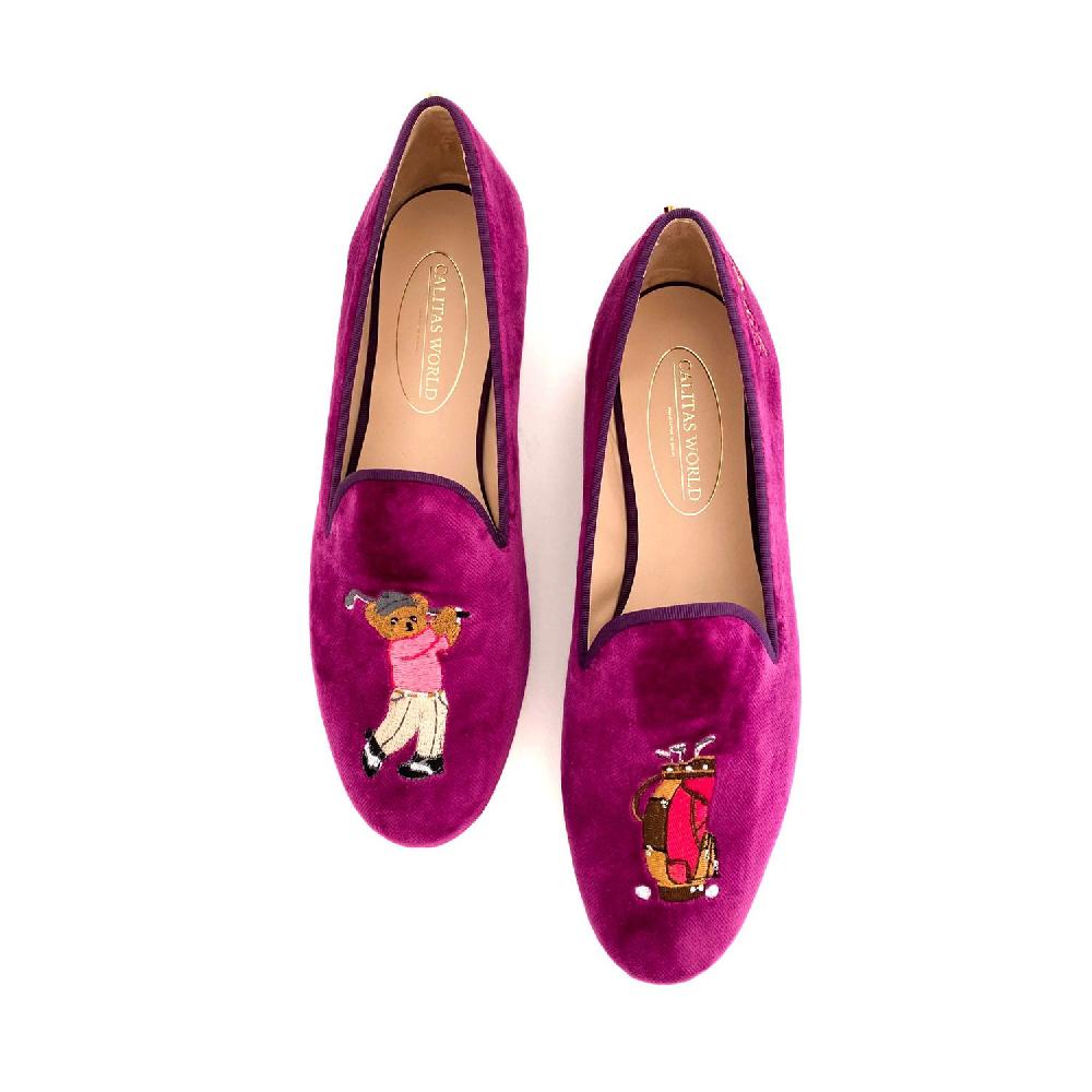 Calita Shoes ​LOAFERS MAGENTA TX VELVET GOLFER TEDDY BEAR