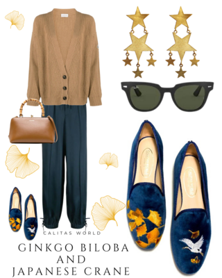 Calita Shoes ​LOAFERS MARINE 01TX VELVET GINKGO BILOBA AND JAPANESE CRANE