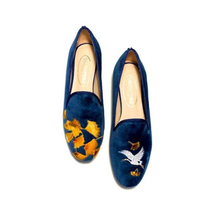 Calita Shoes ​LOAFERS MARINE 01TX VELVET GINKGO BILOBA AND JAPANESE CRANE
