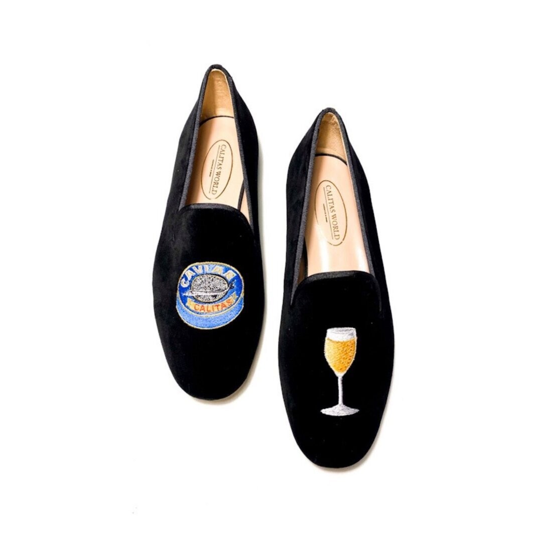 Calita Shoes ​LOAFERS MEN BLACK VELVET CAVIAR AND CHAMPAGNE GLASS