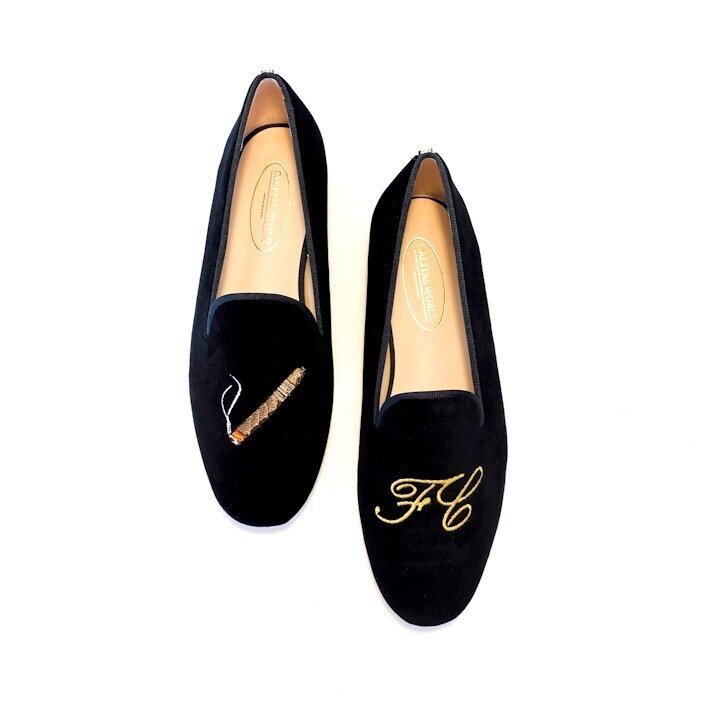 Calita Shoes L​OAFERS MEN BLACK VELVET CIGAR AND GOLDEN INITIALS
