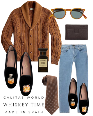 Calita Shoes ​LOAFERS MEN BLACK VELVET GLASS AND BOTTLE OF WHISKEY