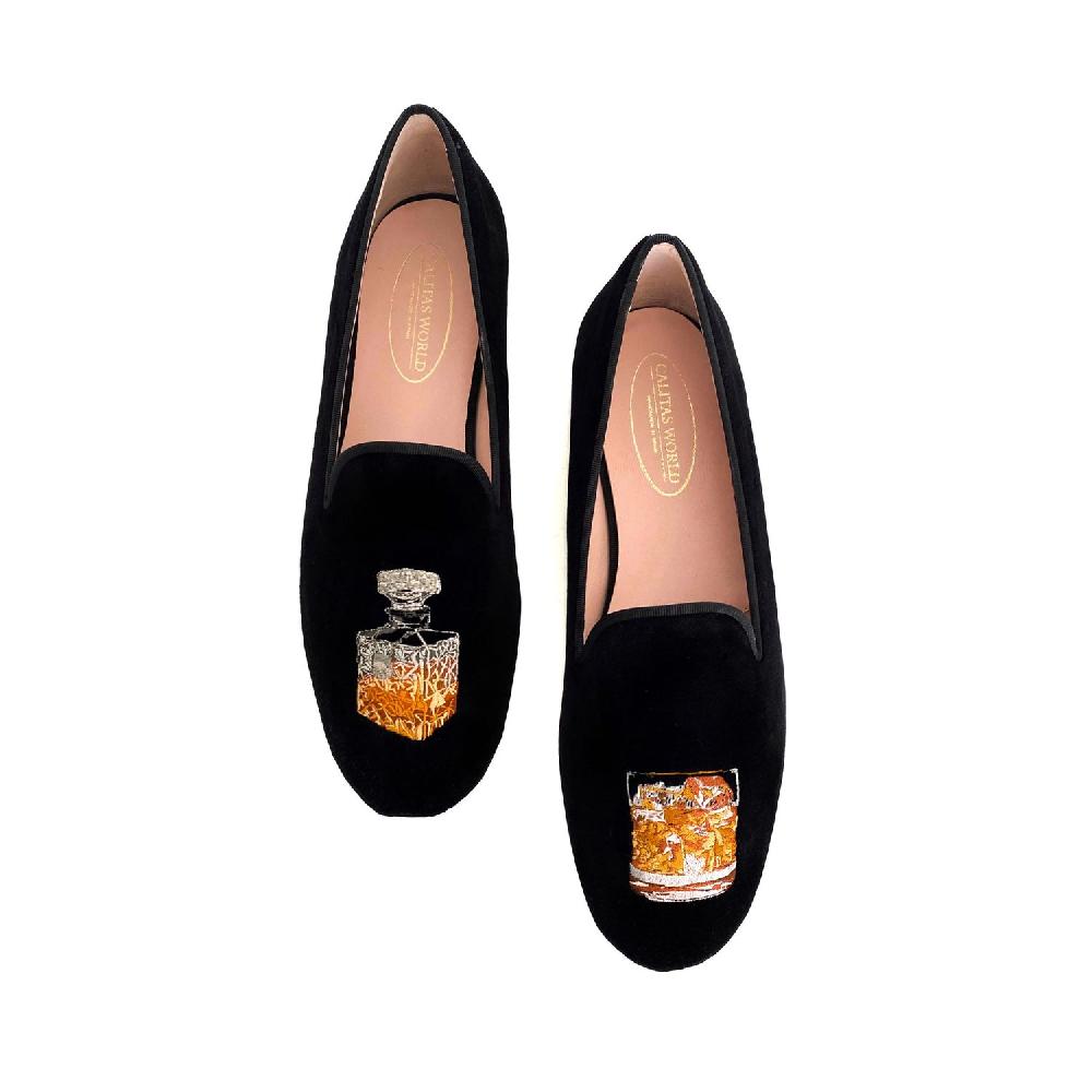 Calita Shoes ​LOAFERS MEN BLACK VELVET GLASS AND BOTTLE OF WHISKEY