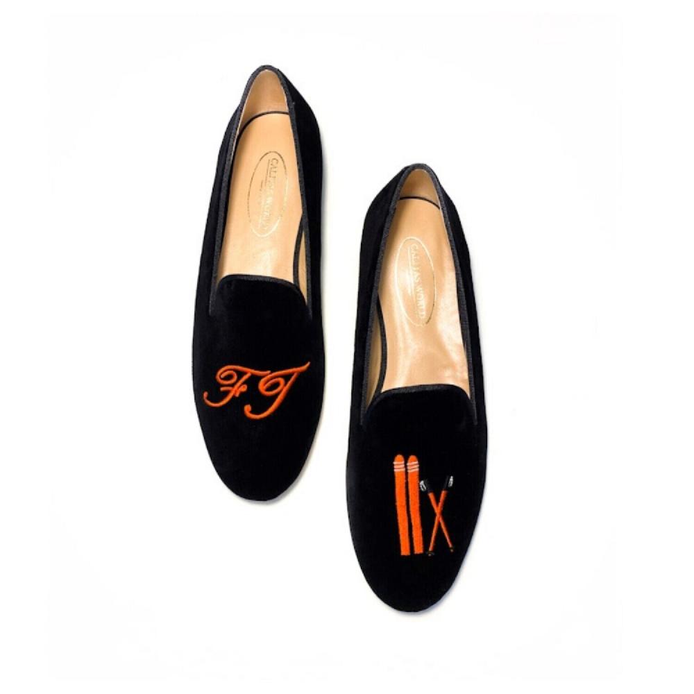 Calita Shoes ​LOAFERS MEN BLACK VELVET INITIALS SKI AND SKI POLES