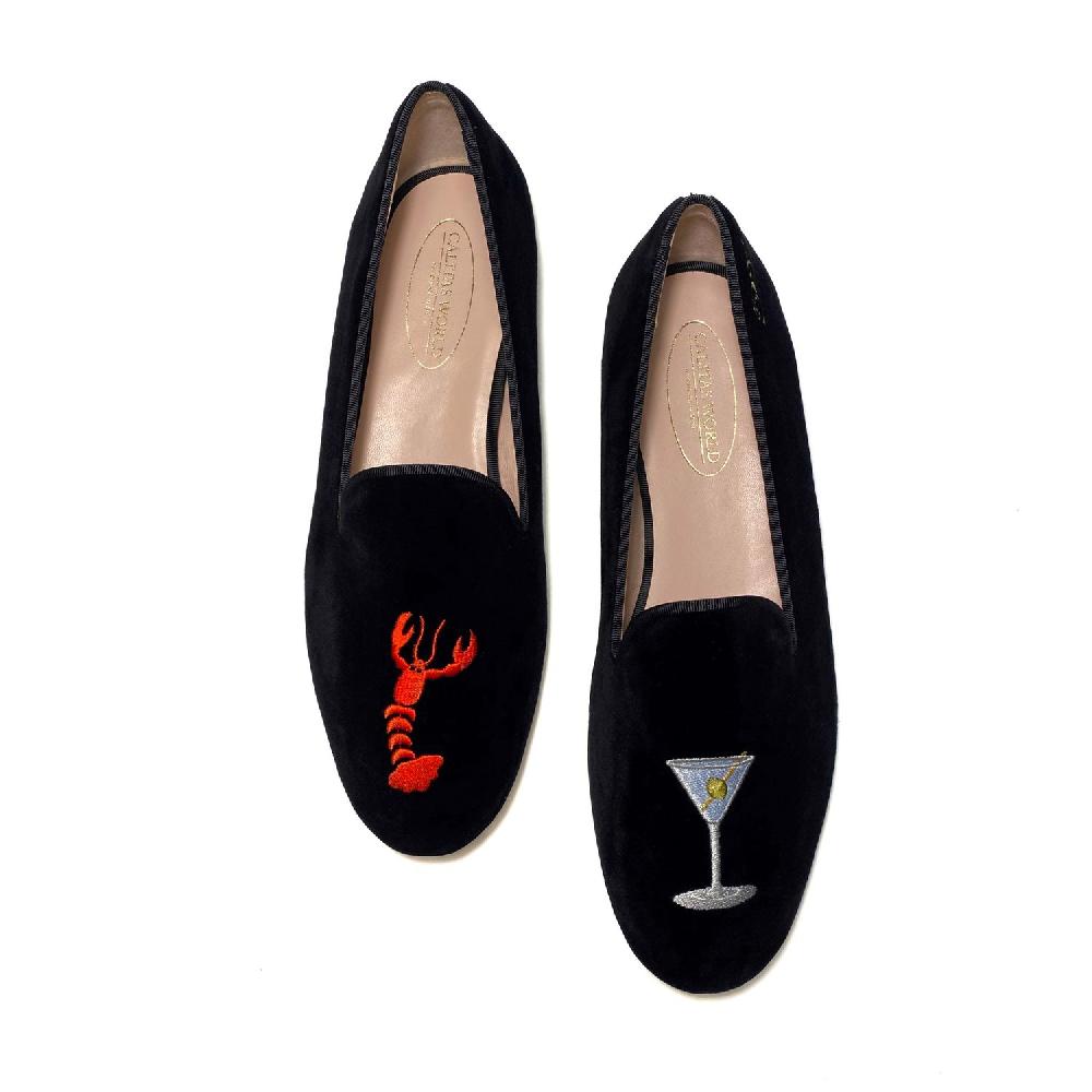 Calita Shoes ​LOAFERS MEN BLACK VELVET LOBSTER AND MARTINI
