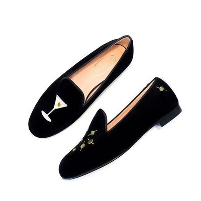 Calita Shoes ​LOAFERS MEN BLACK VELVET MARTINI AND OLIVES. (MINI OLIVE LEFT HEEL)