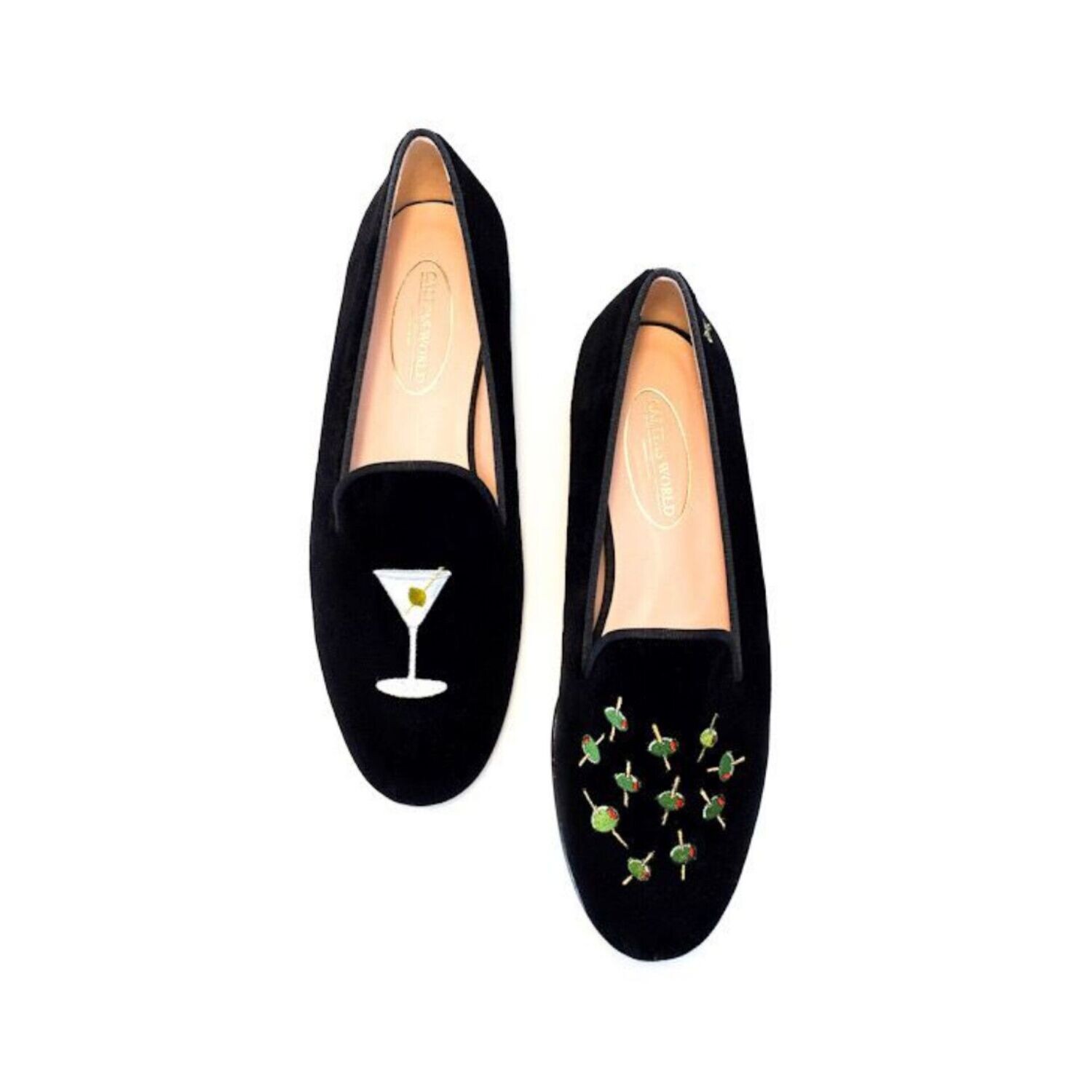 Calita Shoes ​LOAFERS MEN BLACK VELVET MARTINI AND OLIVES. (MINI OLIVE LEFT HEEL)