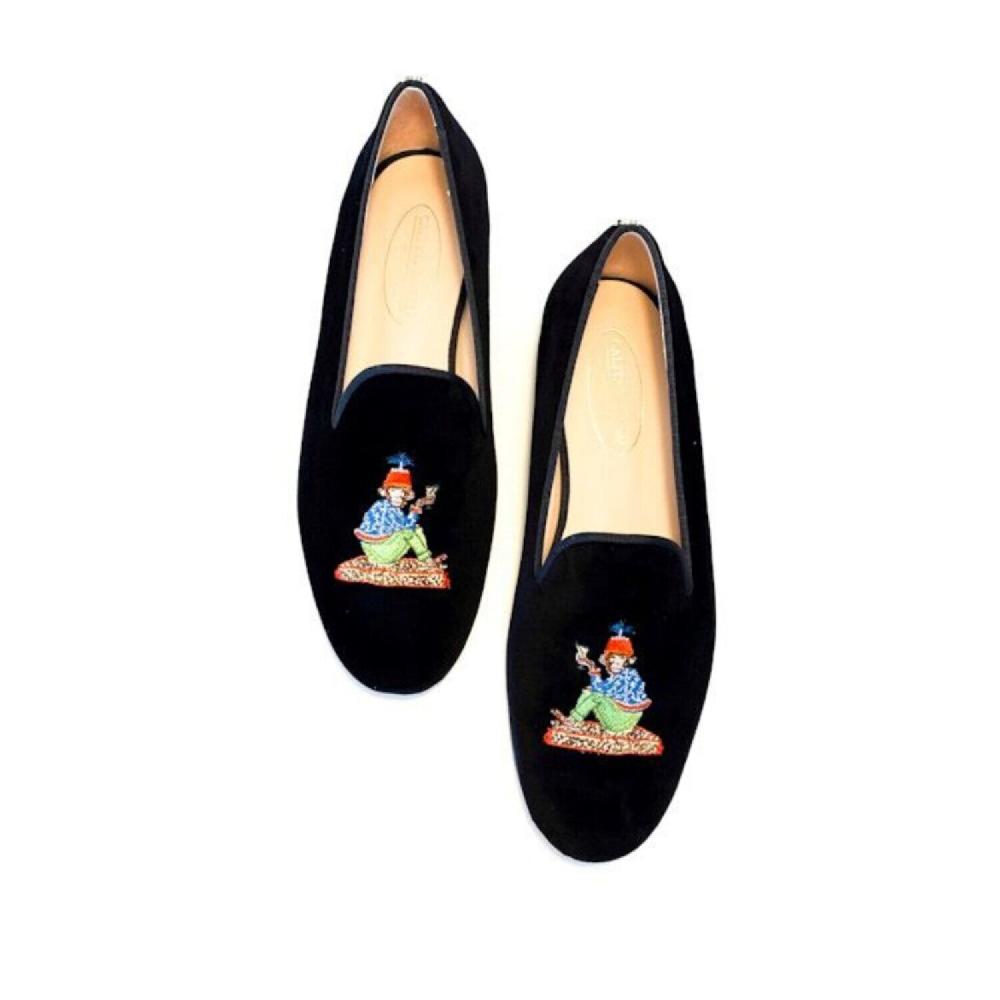Calita Shoes ​LOAFERS MEN BLACK VELVET MONKEY WITH MARTINI