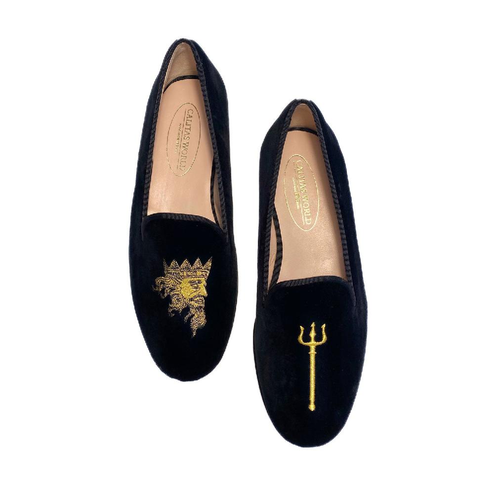 Calita Shoes LOAFERS MEN BLACK VELVET R22 NEPTUNE AND TRIDENT (GOLD)