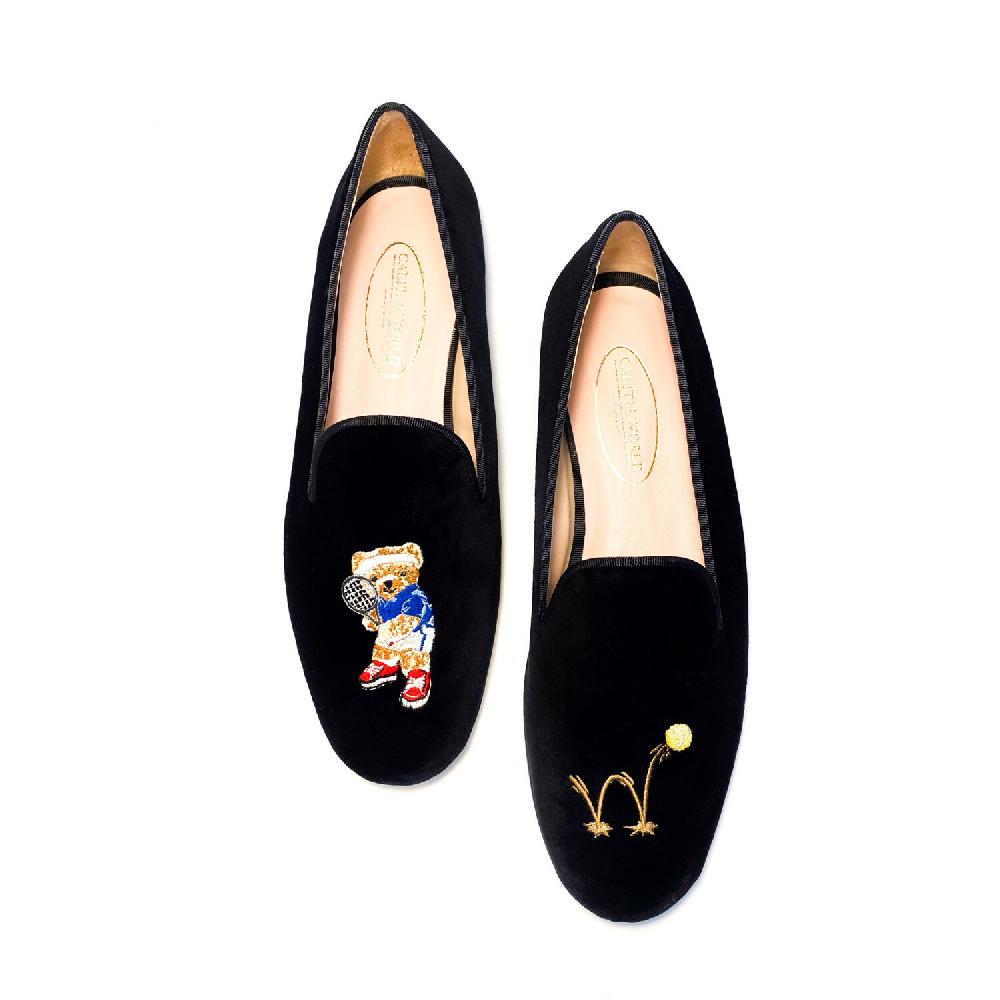 Calita Shoes ​LOAFERS MEN BLACK VELVET TENNIS BEAR TENNIS PLAYER