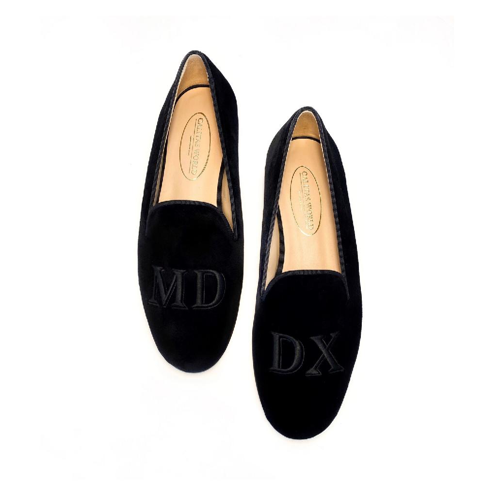Calita Shoes ​LOAFERS MEN BLACK VELVET WITH BLACK ALICE INITIALS