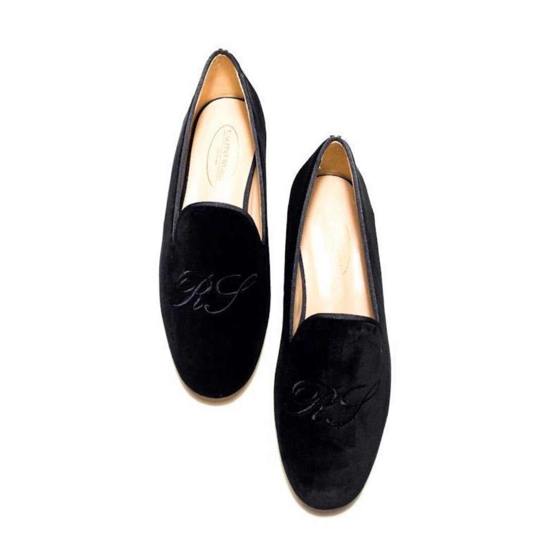 Calita Shoes ​LOAFERS MEN BLACK VELVET WITH BLACK INITIALS