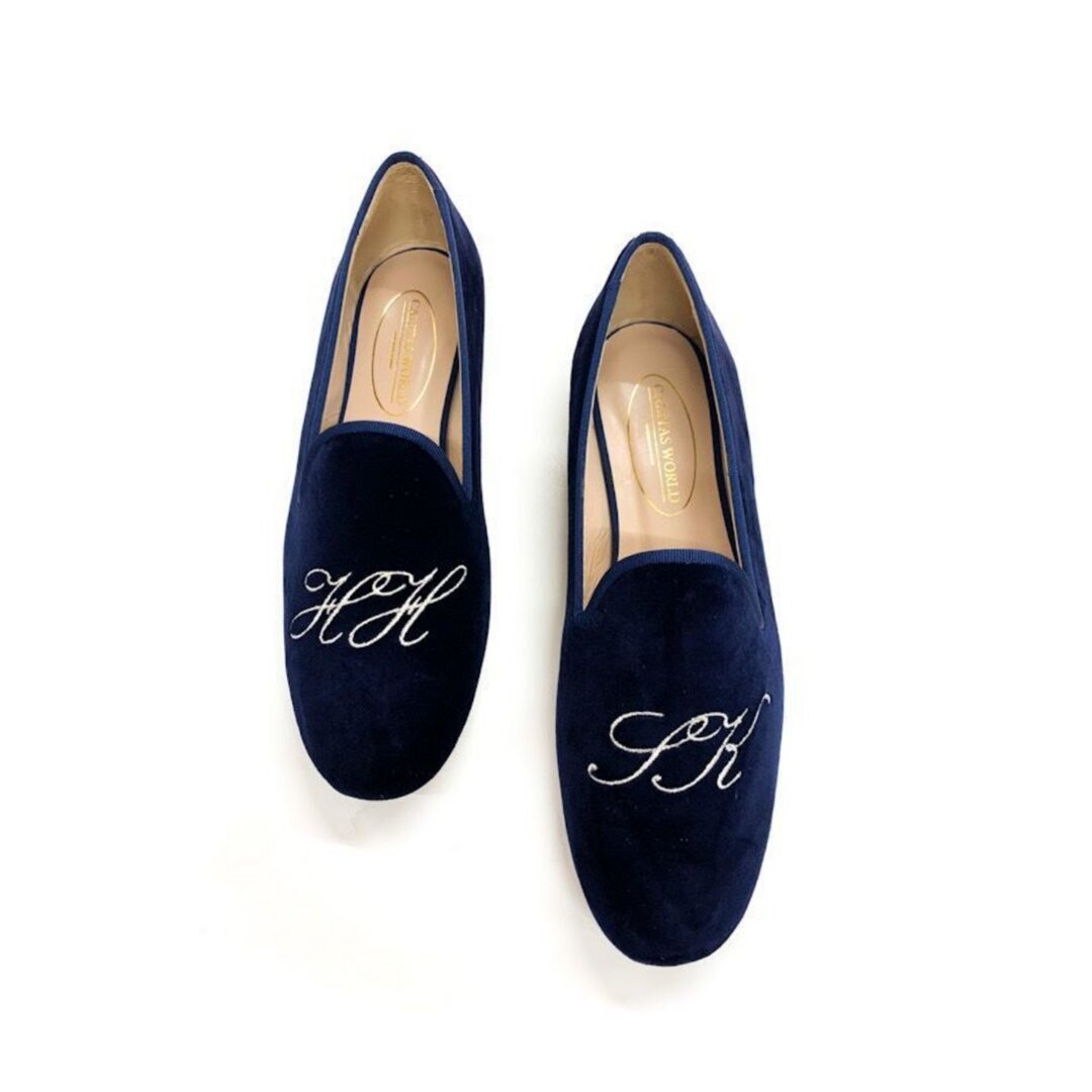 Calita Shoes ​LOAFERS MEN DARK NAVY 9CO R22VELVET WITH SILVER INITIALS