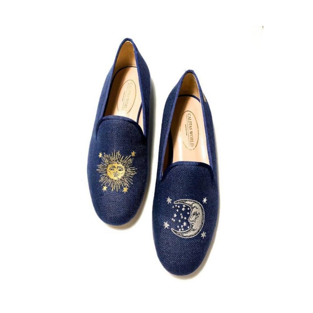 Calita Shoes LOAFERS MEN NAVY 800 LINEN R22 GOLD SUN WITH STARS AND SILVER MOON WITH STARS