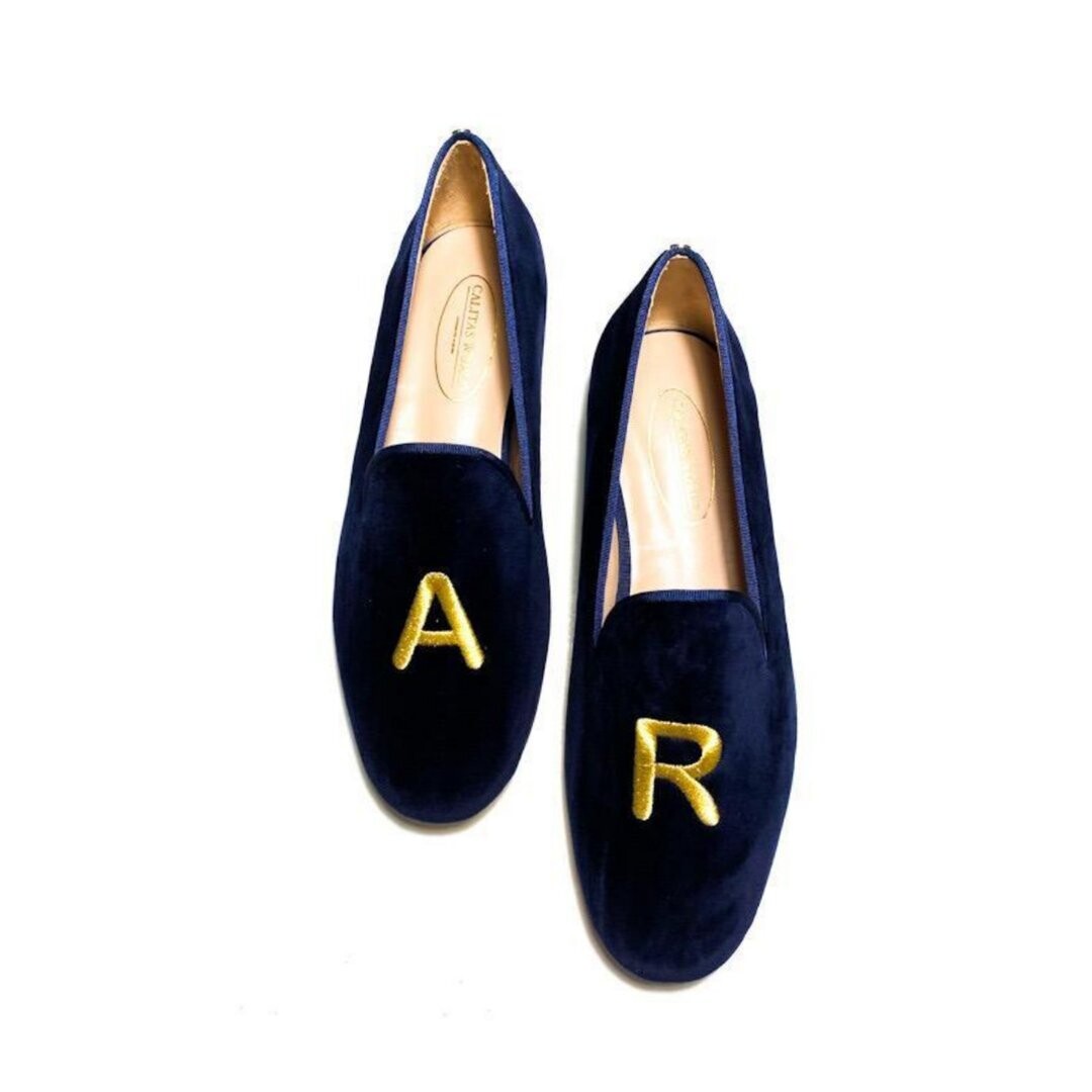 Calita Shoes ​LOAFERS MEN NAVY 9CO VELVET R22 BOLD INITIALS IN GOLD