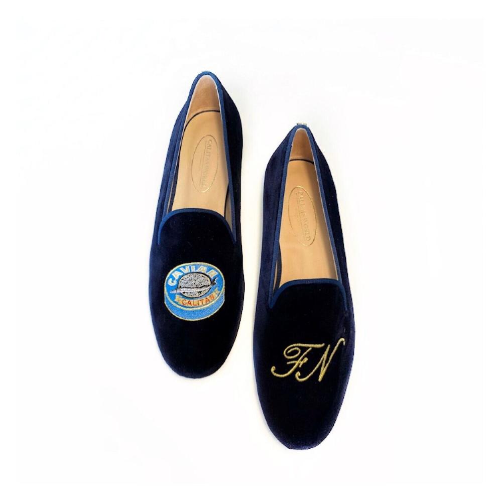 Calita Shoes ​LOAFERS MEN NAVY 9CO VELVET R22 CAVIAR AND GOLDEN INITIALS