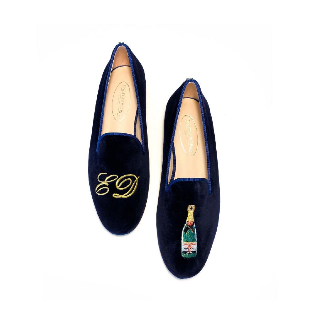 Calita Shoes ​LOAFERS MEN NAVY 9CO VELVET R22 GOLDEN INITIALS AND CHAMPAGNE