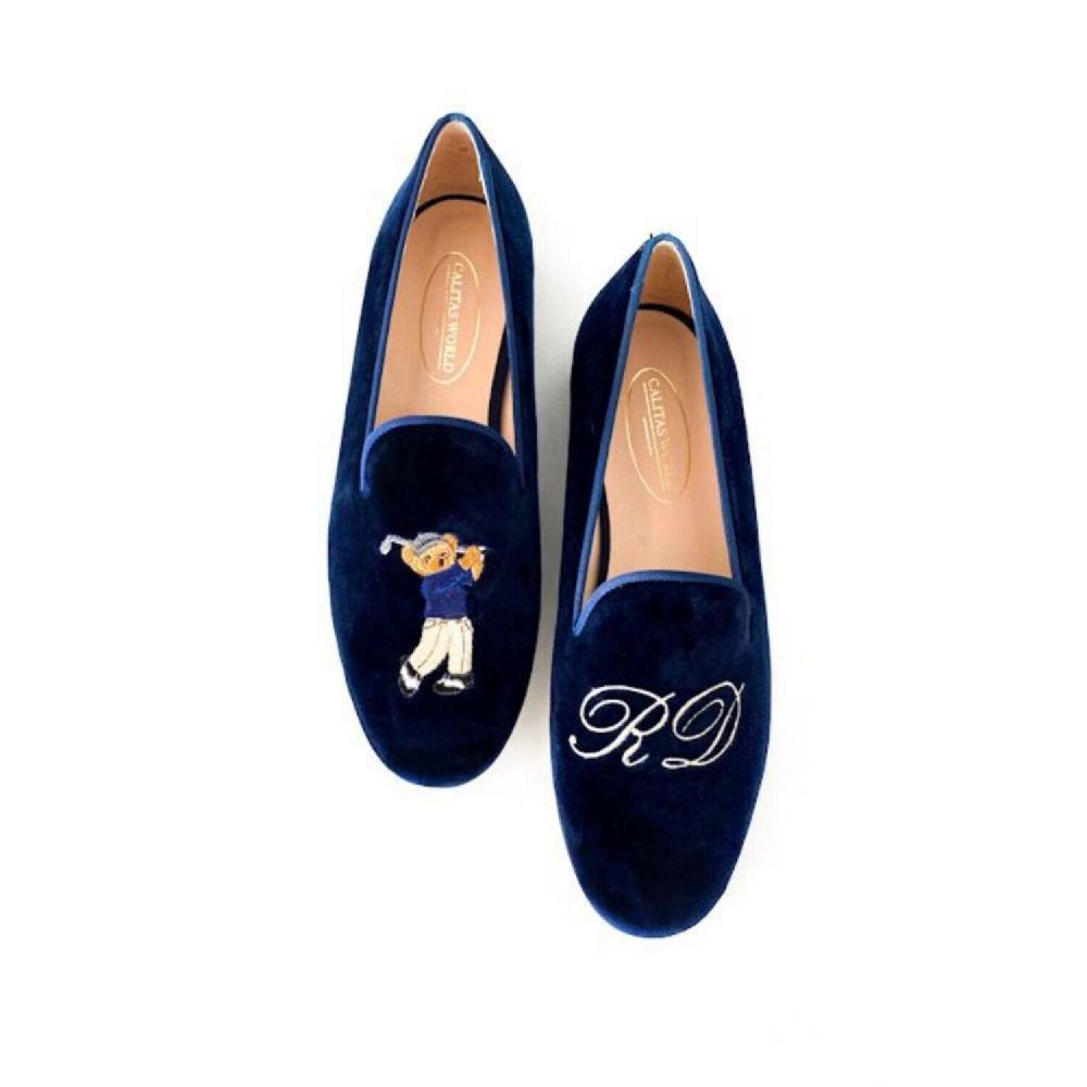 Calita Shoes ​LOAFERS MEN NAVY 9CO VELVET R22 GOLFER BEAR AND SILVER INITIALS