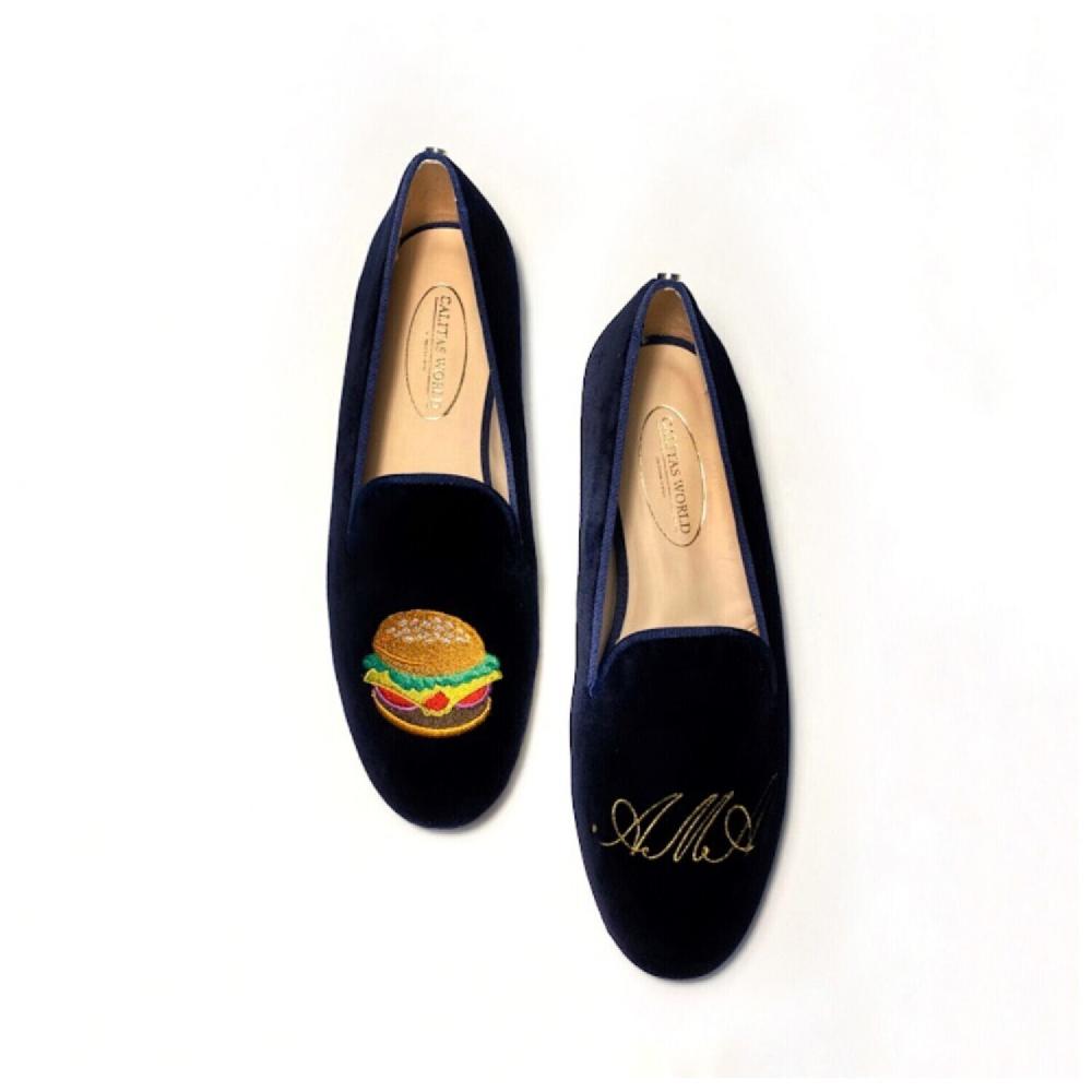 Calita Shoes LOAFERS MEN NAVY 9CO VELVET R22 HAMBURGER AND GOLDEN INITIALS