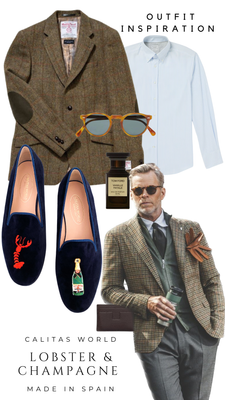 Calita Shoes ​LOAFERS MEN NAVY 9CO VELVET R22 LOBSTER AND CHAMPAGNE BOTTLE