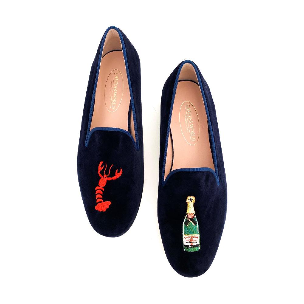 Calita Shoes ​LOAFERS MEN NAVY 9CO VELVET R22 LOBSTER AND CHAMPAGNE BOTTLE