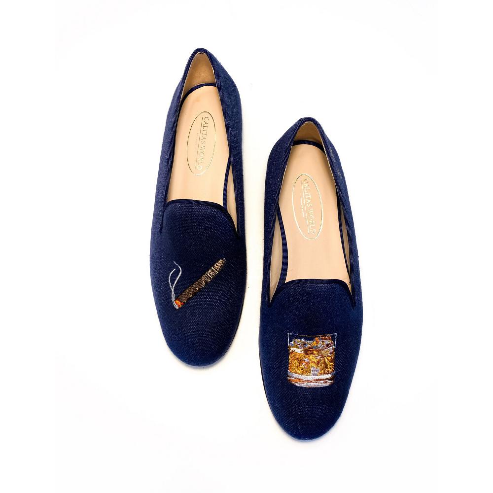 Calita Shoes ​LOAFERS MEN NAVY LINEN R22 CIGAR AND WHISKEY