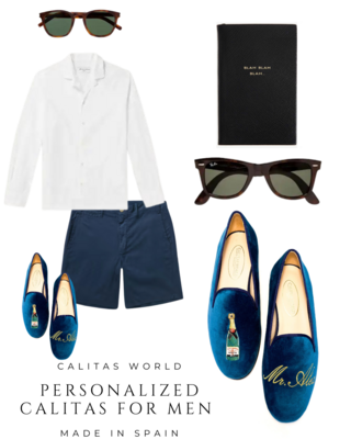 Calita Shoes ​LOAFERS MEN PETROLEUM BLUE TX VELVET CHAMPAGNE AND NAME OR INITIALS