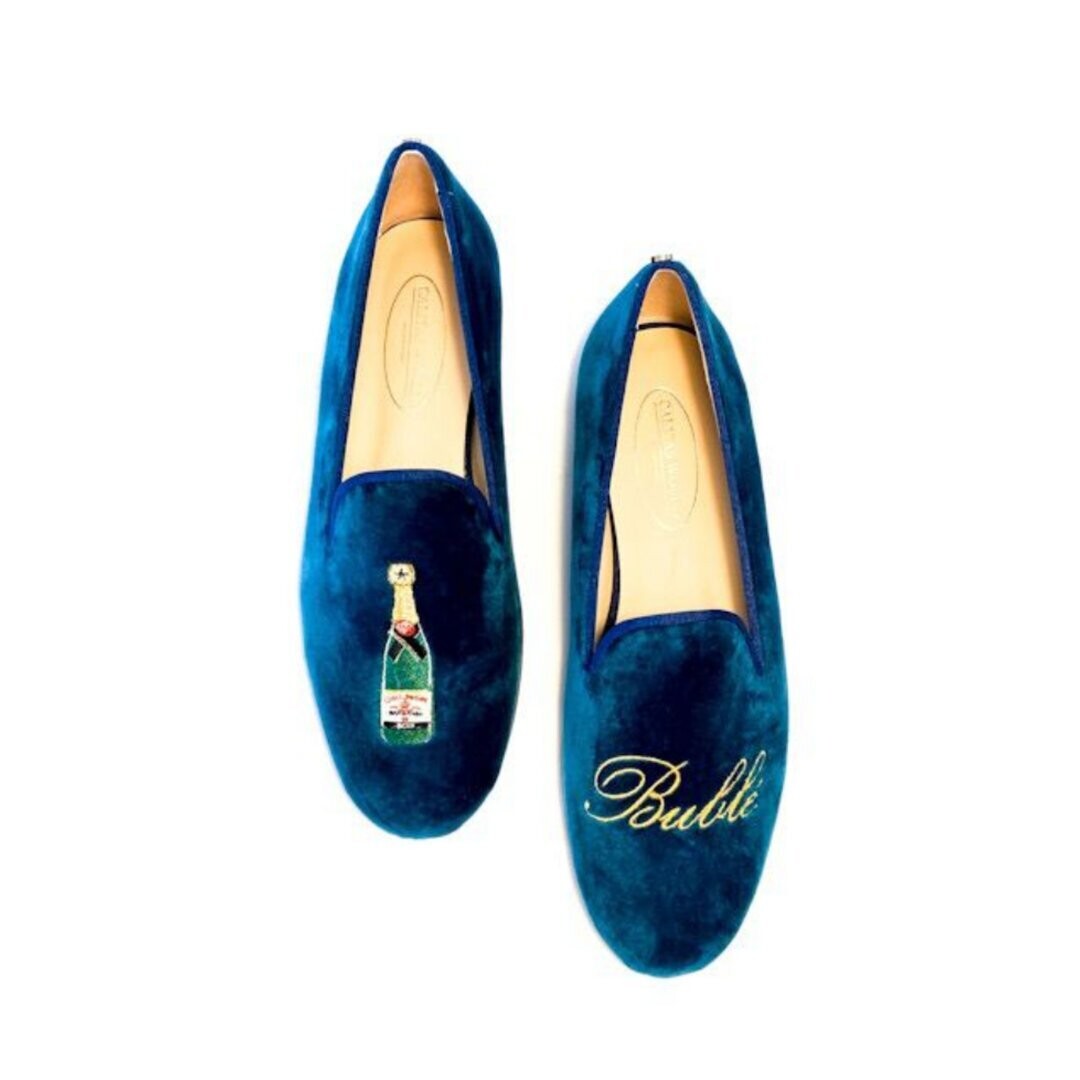 Calita Shoes ​LOAFERS MEN PETROLEUM BLUE TX VELVET CHAMPAGNE AND NAME OR INITIALS