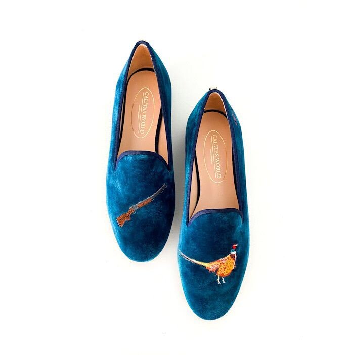 Calita Shoes LOAFERS MEN PETROLEUM BLUE TX VELVET HUNTING EDITION SHOTGUN AND PHEASANT
