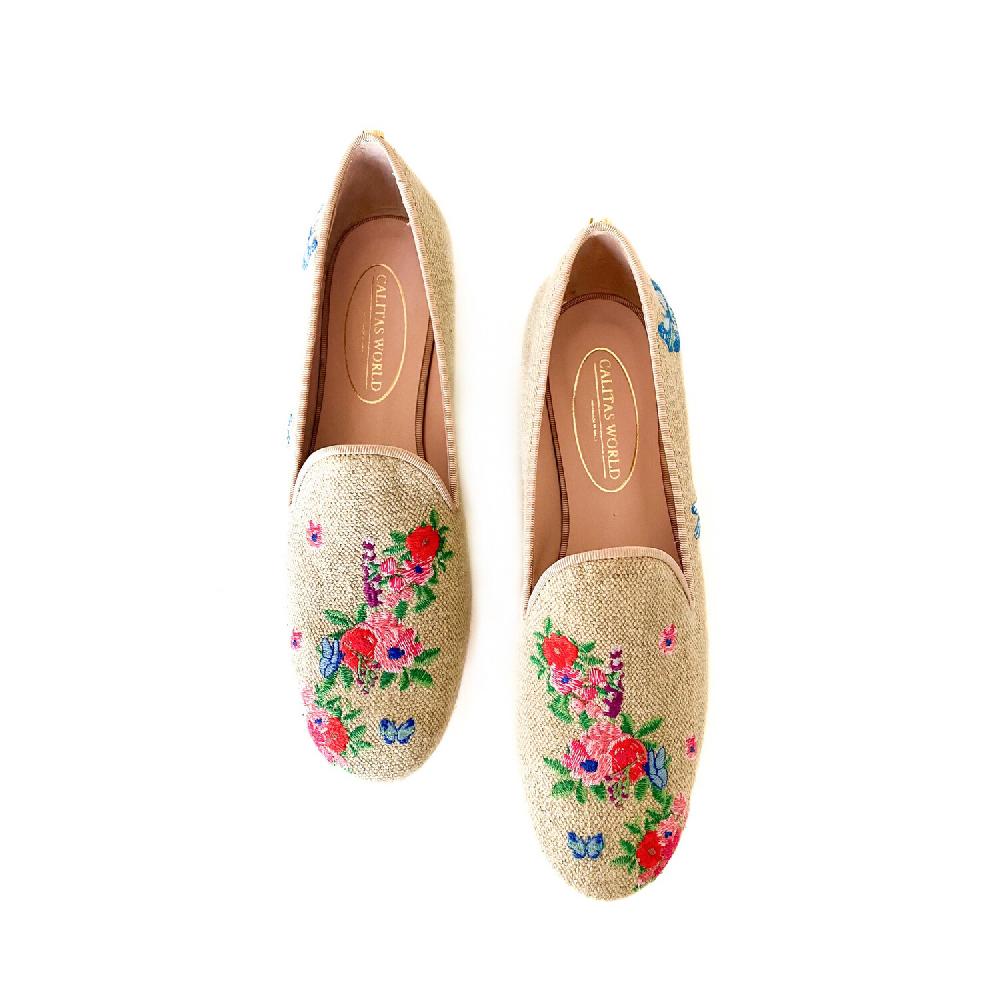 Calita Shoes ​LOAFERS NATURAL LINEN FLOWERS AND BUTTERFLIES