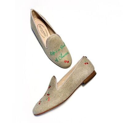 Calita Shoes ​LOAFERS NATURAL LINEN LIFE'S A BOWL OF CHERRIES​ (IN GREEN) AND CHERRIES.​ (MINI CHERRY LEFT HEEL)