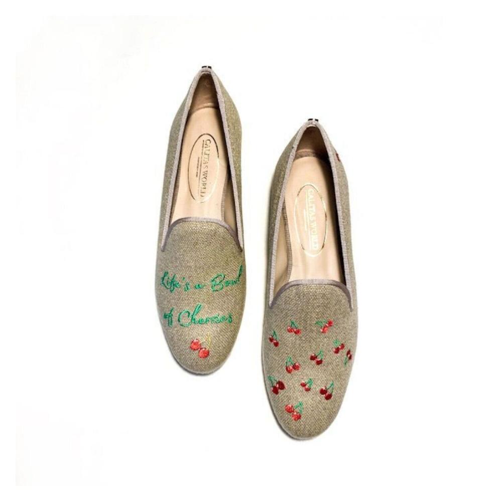 Calita Shoes ​LOAFERS NATURAL LINEN LIFE'S A BOWL OF CHERRIES​ (IN GREEN) AND CHERRIES.​ (MINI CHERRY LEFT HEEL)