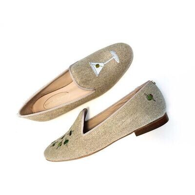 Calita Shoes ​LOAFERS NATURAL LINEN MARTINI AND OLIVES. (MINI OLIVE LEFT HEEL)