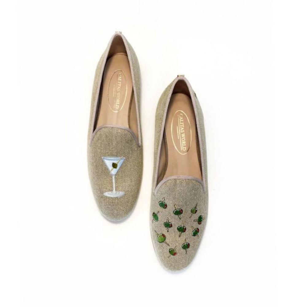 Calita Shoes ​LOAFERS NATURAL LINEN MARTINI AND OLIVES. (MINI OLIVE LEFT HEEL)