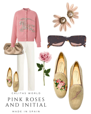 Calita Shoes ​LOAFERS NATURAL LINEN PINK ROSES AND PINK INITIALS