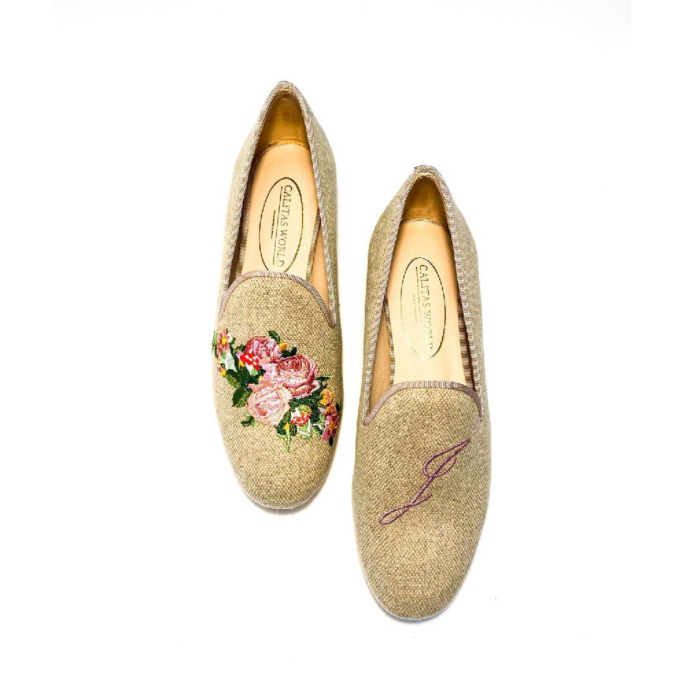 Calita Shoes ​LOAFERS NATURAL LINEN PINK ROSES AND PINK INITIALS