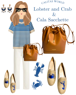 Calita Shoes ​LOAFERS NATURAL LINEN WITH ROYAL BLUE CRAB AND LOBSTER