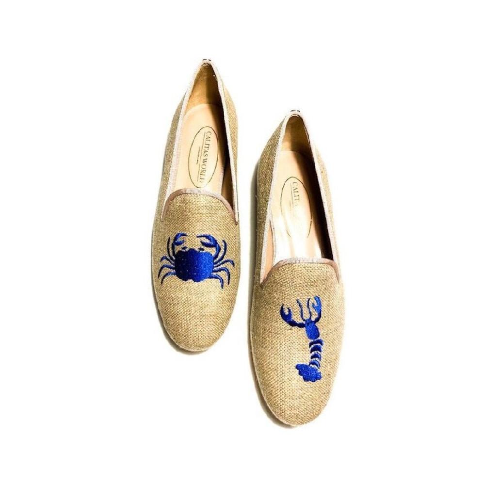 Calita Shoes ​LOAFERS NATURAL LINEN WITH ROYAL BLUE CRAB AND LOBSTER