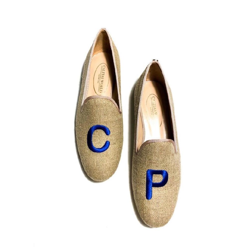 Calita Shoes ​LOAFERS NATURAL LINEN WITH ROYAL BLUE INITIALS (BOLD)