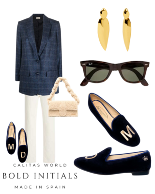 Calita Shoes LOAFERS NAVY BLUE 9CO R22 VELVET WITH BEIGE INITIALS (BOLD) AND CROWN ON THE HEEL