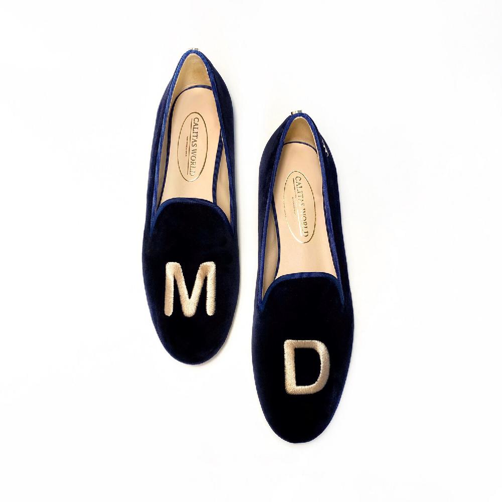 Calita Shoes LOAFERS NAVY BLUE 9CO R22 VELVET WITH BEIGE INITIALS (BOLD) AND CROWN ON THE HEEL