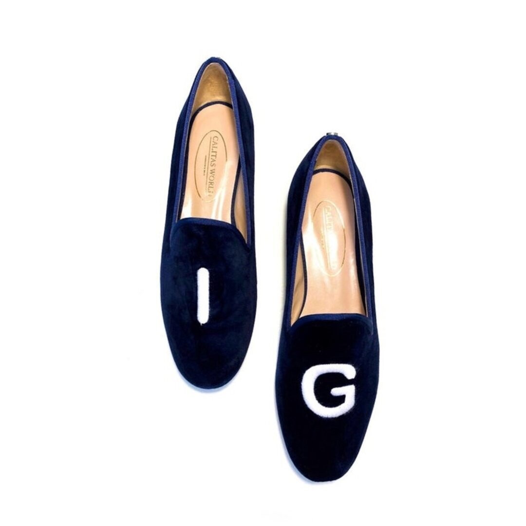 Calita Shoes LOAFERS NAVY BLUE 9CO R22 ​VELVET WITH WHITE INITIALS (BOLD)