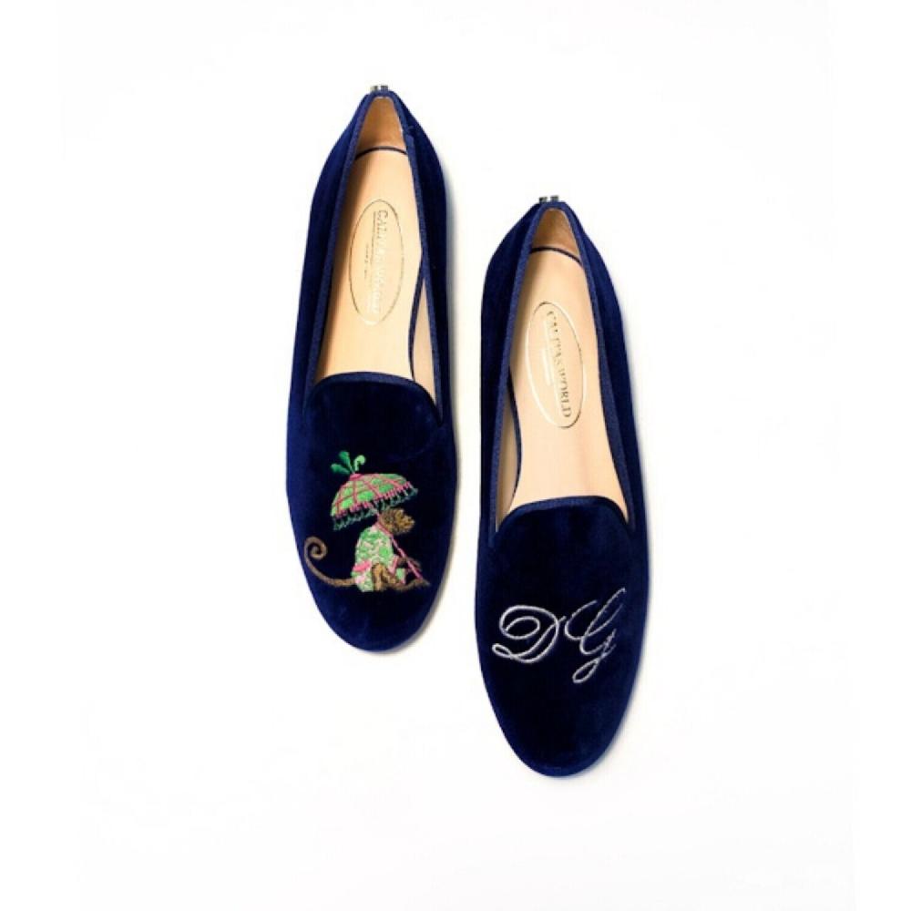 Calita Shoes ​LOAFERS NAVY BLUE 9CO VELVET MONKEY WITH UMBRELLA AND SILVER INITIALS