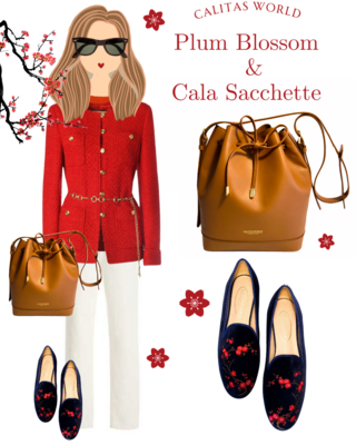 Calita Shoes LOAFERS NAVY BLUE 9CO VELVET R22 PLUM BLOSSOM FLOWER