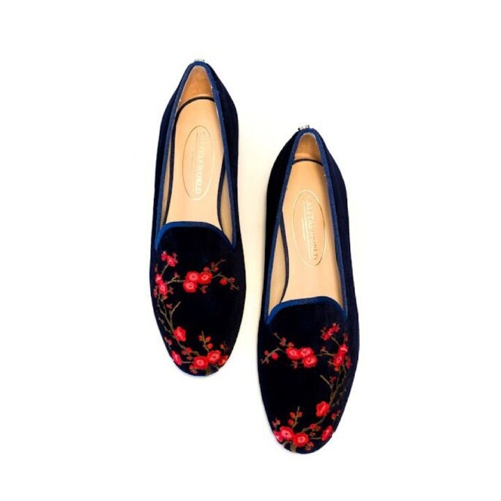 Calita Shoes LOAFERS NAVY BLUE 9CO VELVET R22 PLUM BLOSSOM FLOWER
