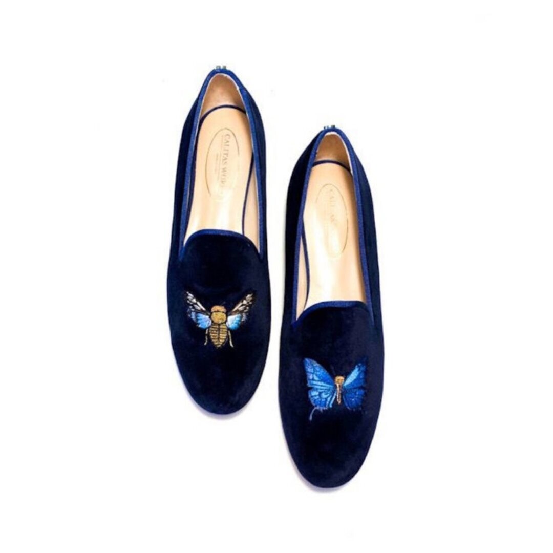 Calita Shoes ​LOAFERS NAVY BLUE 9CO VELVET R22 WITH BUTTERFLY AND BUMBLEBEE