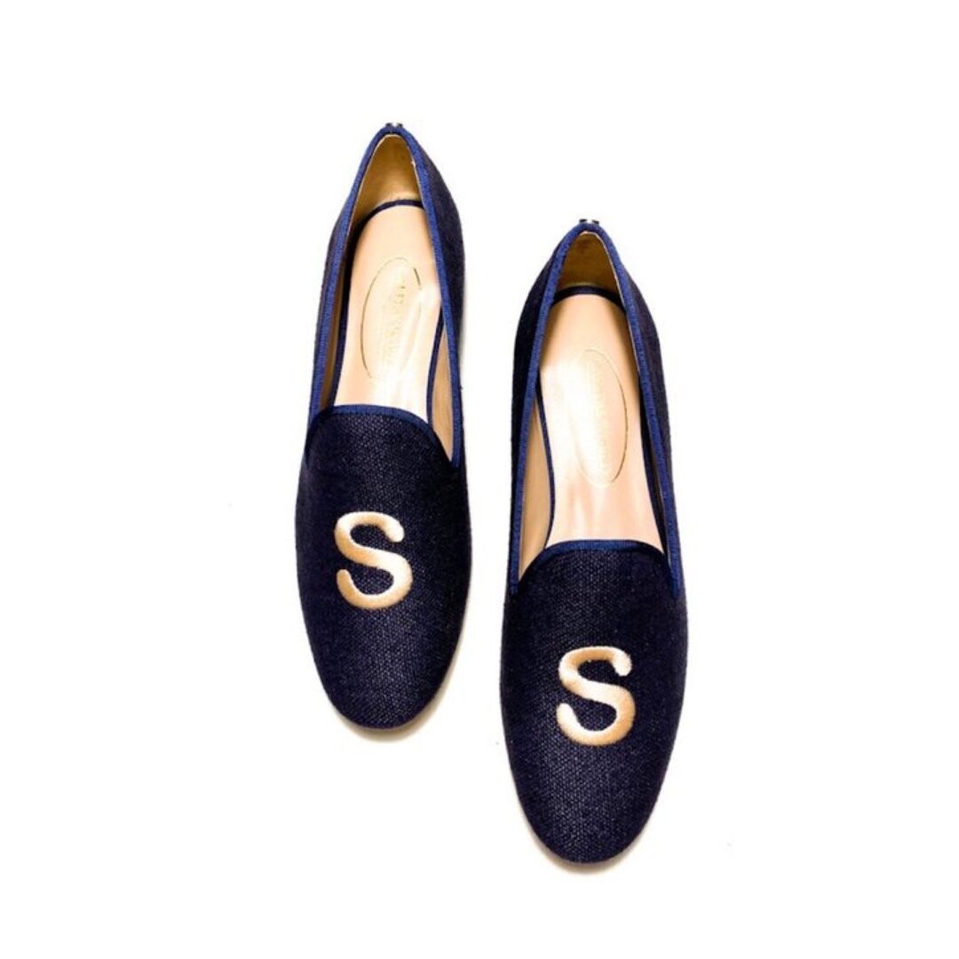 Calita Shoes ​LOAFERS NAVY BLUE CO LINEN R22 WITH BOLD BEIGE MONOGRAM