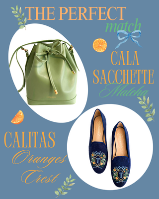 Calita Shoes ​LOAFERS NAVY LINEN FLORAL/ORANGES CREST MONOGRAM (SAME INITIAL BOTH FEET) R22