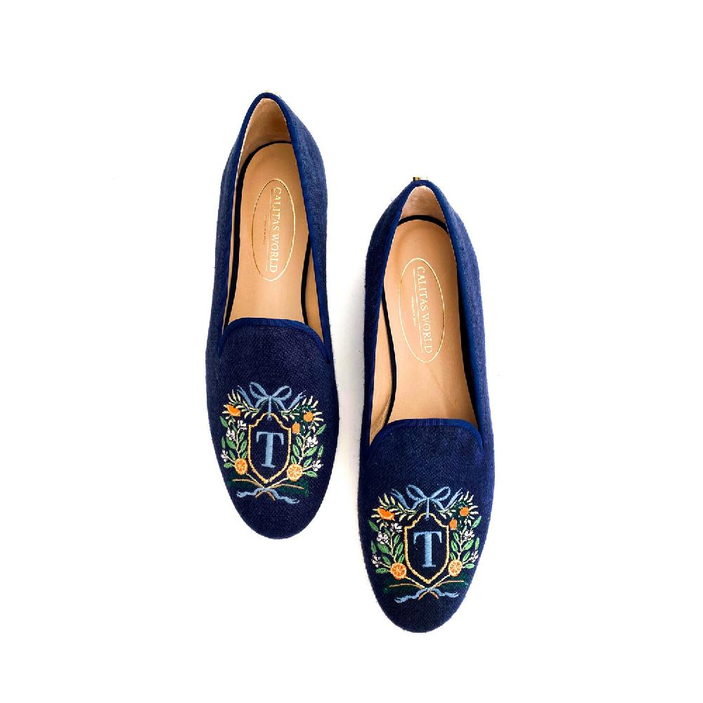 Calita Shoes ​LOAFERS NAVY LINEN FLORAL/ORANGES CREST MONOGRAM (SAME INITIAL BOTH FEET) R22